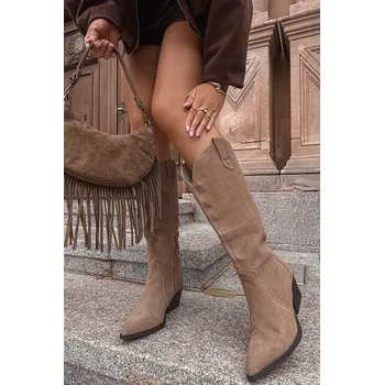 Dámské kozačky Boto Kožené Semišové Kozačky Dámské Zateplené Urselle Barva: Béžová, Velikost: 37