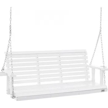 Zahradní houpačka Dřevěná houpačka VEVOR na verandu 1,6 m, zahradní houpačka na terasu do dvora a do zahrady, vylepšená nosnost 380 kg, odolná houpací lavice se závěsnými řetězy pro venkovní použití, bílá