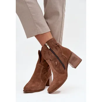 Dámské kozačky Dámské kotníky s perforovaným designem z přírodní semiše na podpatku Zazoo 3690 Barva: Béžová, Velikost: 41