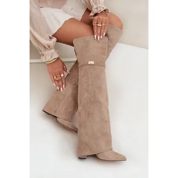 Dámské kozačky Boto Zateplené kozačky s ohnutým horním dílem nad kolenem s jehlovým podpatkem Serelle Barva: Béžová, Velikost: 39