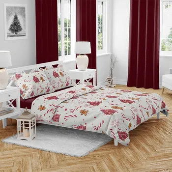 Povlečení Top textil Vánoční bavlněné povlečení Domečky červené 140 x 200, 70 x 90 cm nitěné knoflíky