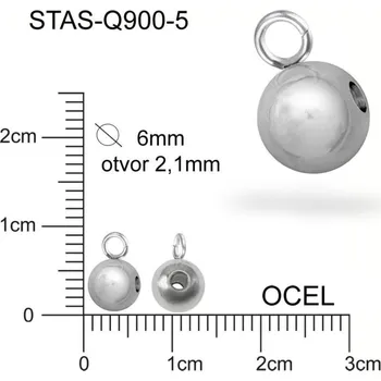 Materiál na výrobu šperku Korálek s OČKEM CHIRURGICKÁ OCEL ozn.-STAS-Q900-5. velikost pr.6,0mm (korálek) otvor v korálku 2,1mm.