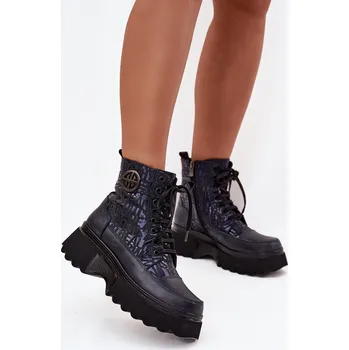 Dámské kozačky Kožené dámské kotníčková na platformě s nápisy a ozdobným detailem Artiker 57C2273 Barva: Modrá, Velikost: 39