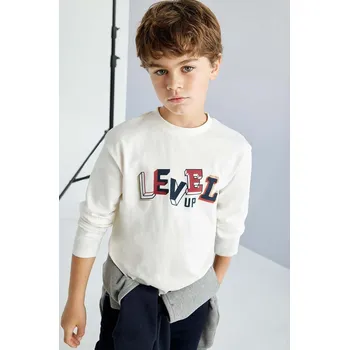 Dětské bavlněné tričko s dlouhým rukávem Mayoral béžová barva, s potiskem, 7079 7079.7A.Junior.9BYH 01X, vel. 166