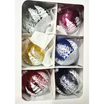 Vánoční ozdoba Vánoční skleněné koule 7cm, průhledná, lesk, bílostříbrný dekor stromů, 6ks