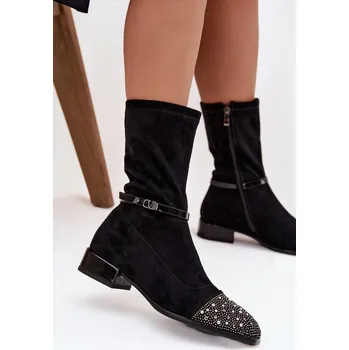 Dámské kozačky Dámské kotníkové boty na nízkém podpatku s ozdobou a páskem D&A MR52-165 Barva: Černá, Velikost: 38