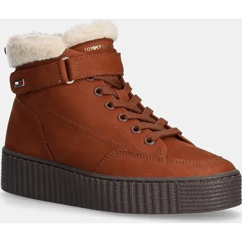 Dámské kozačky Semišové boty Tommy Hilfiger FAUX FUR NUBUCK LOW LACE-UP FW0FW08172 hnědá 88X, EUR 37