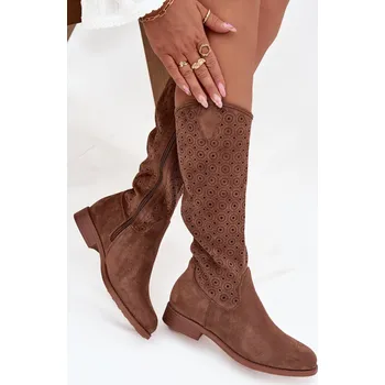 Dámské kozačky Dámské kozačky na ploché podrážce s perforovaným vzorem S.Barski HY52-531 Barva: Béžová, Velikost: 40