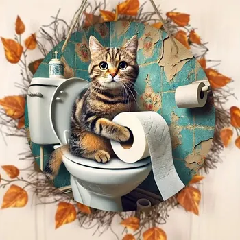 Plechová cedule BAF DŘEVĚNÁ cedule 2D - KOČKA NA WC průměr 20 cm