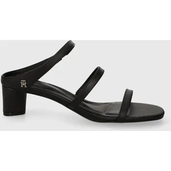 Dámské pantofle Kožené pantofle Tommy Hilfiger TH STRAP LEATHER MID HEEL dámské, černá barva, na podpatku, FW0FW07731 99X, EUR 37