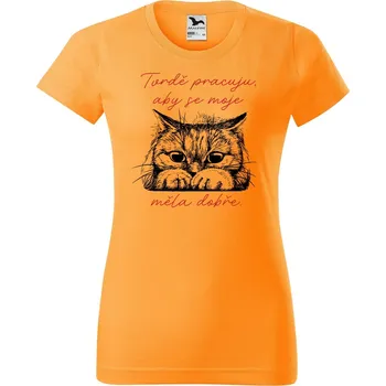 Dámské tričko Dámské tričko s potiskem Tvrdě pracuju kočka Barva trička: Tangerine orange - A2, Velikost: XL