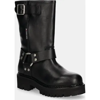Dámské kozačky Kožené kotníkové boty Tommy Jeans TJW URBAN BIKER BOOT LEATHER dámské, černá barva, na platformě, EN0EN02728 99X, EUR 36