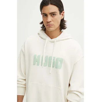 Pánská mikina Bavlněná mikina HUGO pánská, béžová barva, s kapucí, s potiskem, 50516655 01X, vel. S