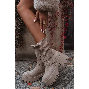 Dámské kozačky Boto Dámské boty na robustním podpatku s přezkami a páskem Nerelisa Barva: Béžová, Velikost: 41