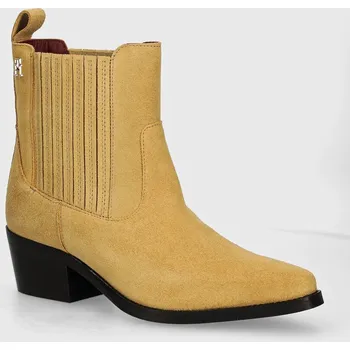 Dámská zimní obuv Semišové kotníkové boty Tommy Hilfiger TH SUEDE COWBOY BOOT dámské, béžová barva, na podpatku, FW0FW08034 12X, EUR 41
