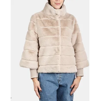Dámský kožich Baťa krátký textilní kožíšek s pletenými rukávy béžové, vel. M