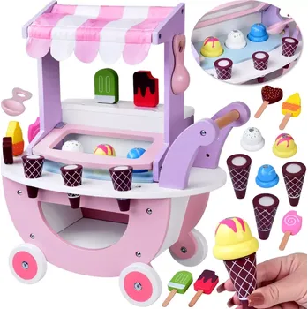 Dřevěná hračka Dřevěný pastelový zmrzlinový stánek na kolečkách s 8 druhy zmrzlin