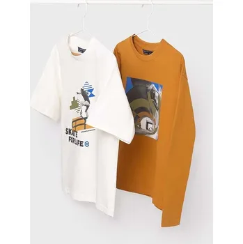 Chlapecké tričko Dětské bavlněné tričko s dlouhým rukávem Mayoral 2-pack oranžová barva, s potiskem, 7083 7083.7C.Junior.9BYH 23X, vel. 160