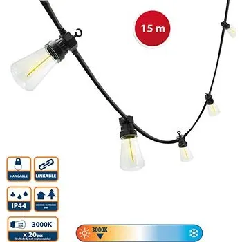Venkovní osvětlení VELAMP Venkovní světelný řetěz PS068N s 20 retro žárovkami