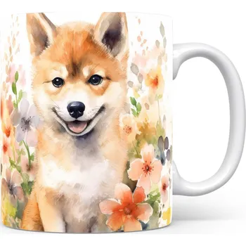 Hrnek s roztomilým shibou a květinovým motivem