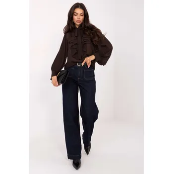 Hnědá dámská košile s volánem a vázáním u krku MI-KS-A2818.09-dark brown Velikost: ONE SIZE