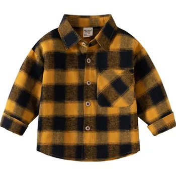 Chlapecká košile Dětská kostkovaná košile žlutočerná s límečkem Bavlněný top s dlouhým rukávem na knoflíky pro chlapce Miminko Pohodlné oblečení 3