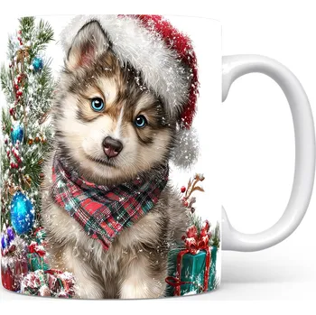 Hrnek s roztomilým huskym v červené vánoční čepici