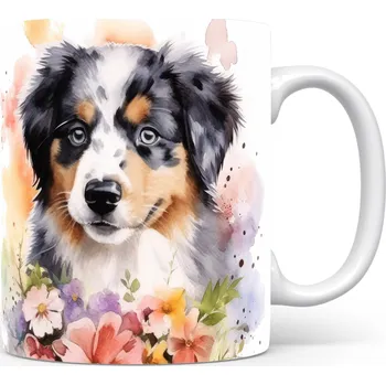Hrnek s portrétem australského ovčáka a květinovým motivem