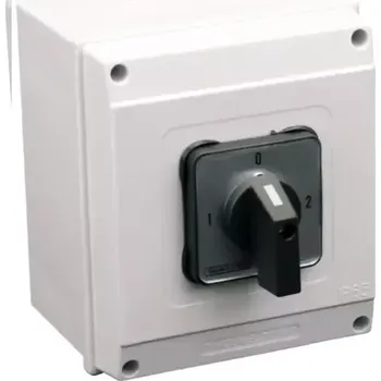 spínač Vačkový přepínač, 1-0-2, v krabici Tracon TKV-259/4T65 400V, 50Hz, 25A, 2×4P, 7,5kW, 48×48mm, 90°, IP65 (Tracon TKV-259/4T65)