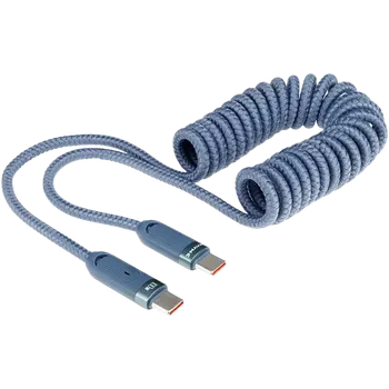 Datový kabel Nabíjecí USB-C / USB-C kabel, spirálový 50 - 180 cm, 100 W, modrý
