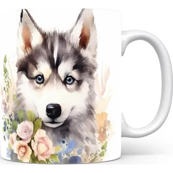 Hrnek s motivem huskyho a květin - originální design pro milovníky psů