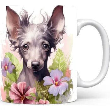 Hrnek s portrétom čínského chocholatého psa a květinovým vzorem