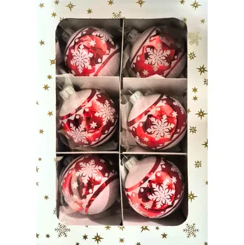 Vánoční ozdoba Vánoční skleněné koule 7cm, červený lesk, bílý dekor, 6ks