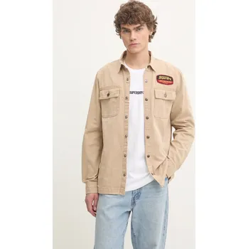 Pánská košile Bavlněná košile Superdry béžová barva, regular, s klasickým límcem, M4010891A-5YE M4010891A.5YE 80X, vel. M