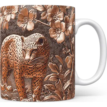 Hrnek s motivem leoparda a květinami