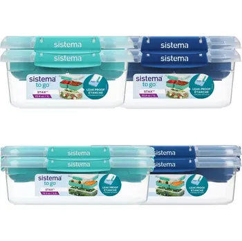 Dóza na potraviny Sistema Sada 4 ks Dělený vodotěsný box na jídlo To Go STAX 2x 2,2 l, 2x 1 l, zelená, modrá