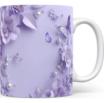 Hrnek s květinami a motýly ve fialové barvě