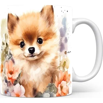Hrnek s roztomilým pomeranianem a květinovým motivem (rasa:pomeranian · psi #2)