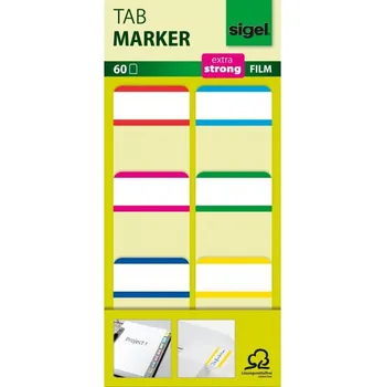 Samolepící bloček Samolepicí záložky Sigel extra silný plast, 38x25 mm, 6 barev po 10 útržcích barevný okraj