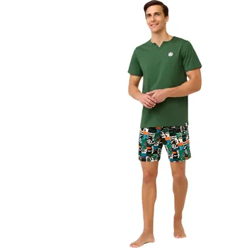 Pánské pyžamo Pánské bavlněné pyžamo Vamp s potiskem a výstřihem do V 22621 zelené velikost L