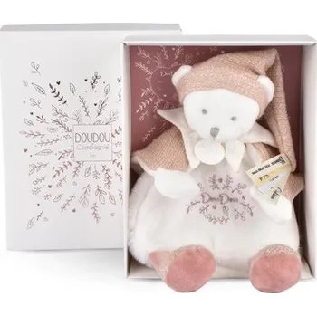 plyšák Doudou Dárková sada Plyšový muchláček medvídek s čepičkou růžový 25 cm