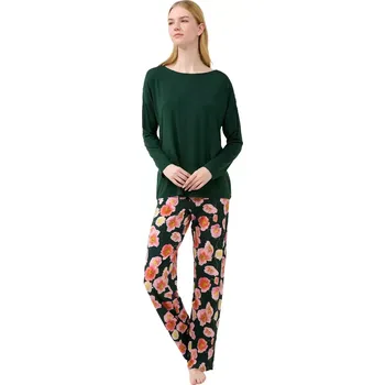 Dámské pyžamo Dámské pyžamo s dlouhým rukávem a květovanými kalhotami Vamp 23002 green timber velikost M
