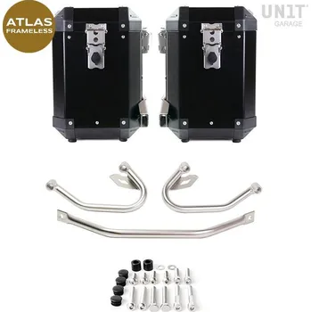 Zavazadlo na motocykl Unit Garage Sada beznosičových hliníkových kufrů Atlas 47L+47L + montážní systém pro beznosičové kufry pro BMW R1300GS. Barva: silver