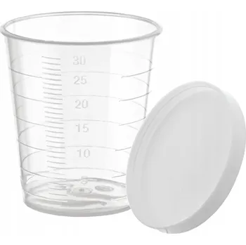 Odměrný kelímek 30 ml s ryskou, plastová nádobka s víčkem, uzavíratelná x10