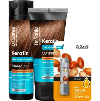 Kosmetická sada Sada pro obnovu matných a křehkých vlasů Dr. Santé Keratin - šampon 250 ml + péče 200 ml + balzám na rty zdarma + dárek zdarma