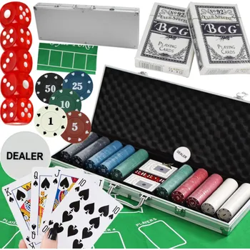 Pokerové sada POKER SET 500 ŽETONŮ S HODNOTAMI 1-50 + KARTY (2 BALÍČKY) + PODLOŽKA + KUFR