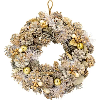 Věnec VĚNEC DEKORATIVNÍ 34CM ZLATÝ S ŠIŠKAMI A BAŇKAMI MICA