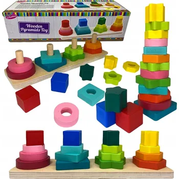 Dřevěná hračka DŘEVĚNÉ STAVEBNICE PYRAMIDA MONTESSORI SKLÁDAČKA BARVY TVARY VZDĚLÁVACÍ