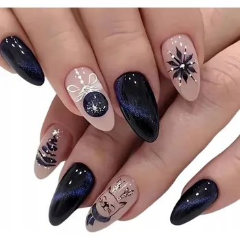 Umělé nehty UMĚLÉ NEHTY TIPSY MANDLE GRANÁTOVÉ NUDE CATEYE VÁNOČNÍ 24KS