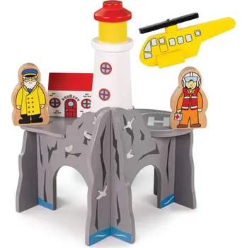 Vláček a vláčkodráha Bigjigs Rail Tunel s majákem a heliportem